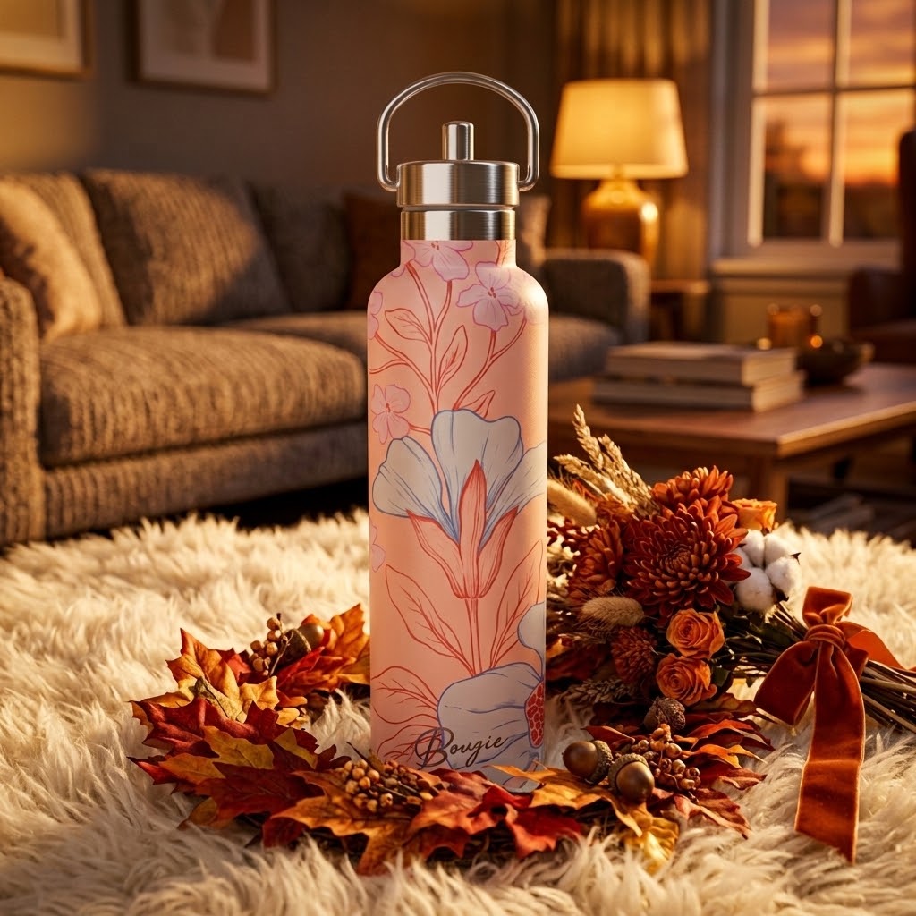 Georgiana 25 oz Insulated Bottle | 3D Peach & Blue Tulip on a living room with fall leaves and acorns