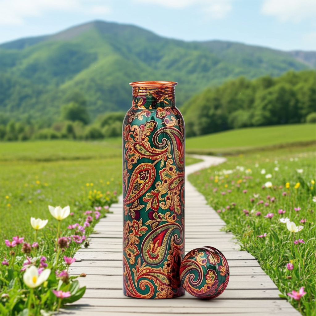 1L Multicolor Designer Pure Copper Water Bottle in a spring meadow flanked by wildflowers