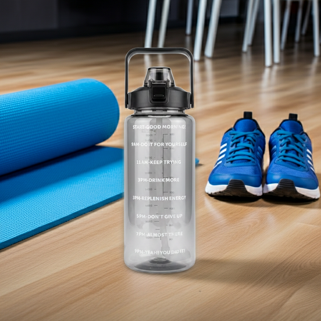 Aquatica HydroMark 2L Motivational Water Bottle — BPA-Free, Time-Marker Tracker, Straw Lid with a gym mat and sneakers 