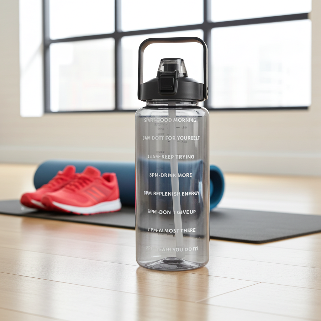 Aquatica HydroMark 2L Motivational Water Bottle — BPA-Free, Time-Marker Tracker, Straw Lid in a yoga studio 