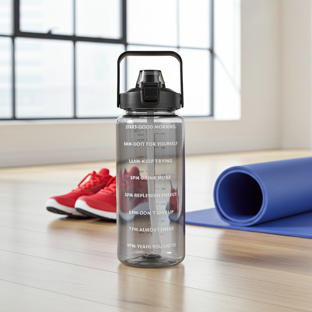 Aquatica HydroMark 2L Motivational Water Bottle — BPA-Free, Time-Marker Tracker, Straw Lid with shoes and a yoga mat 
