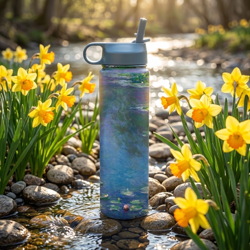 Claude Monet "Water Lilies" 24 oz Insulated Tumbler on pebbles in a stream