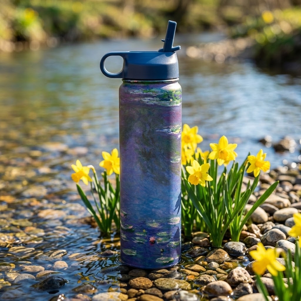 Claude Monet "Water Lilies" 24 oz Insulated Tumbler in a stream with pebbles and lilies