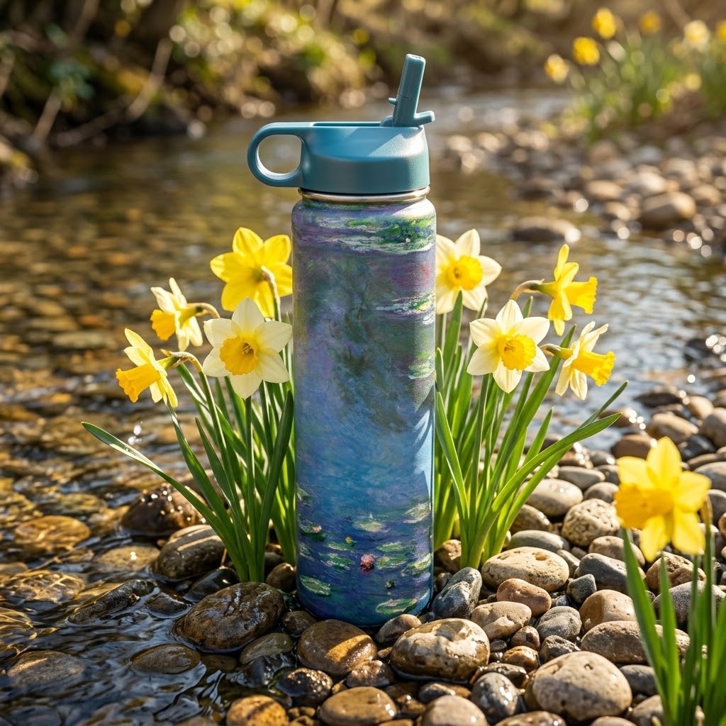 Claude Monet "Water Lilies" 24 oz Insulated Tumbler with lilies in a spring stream