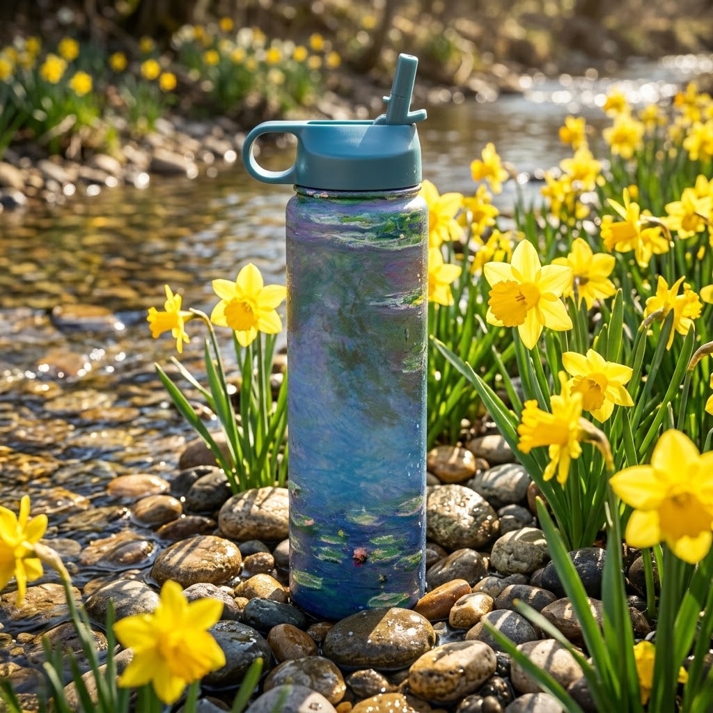 Claude Monet "Water Lilies" 24 oz Insulated Tumbler in a spring stream