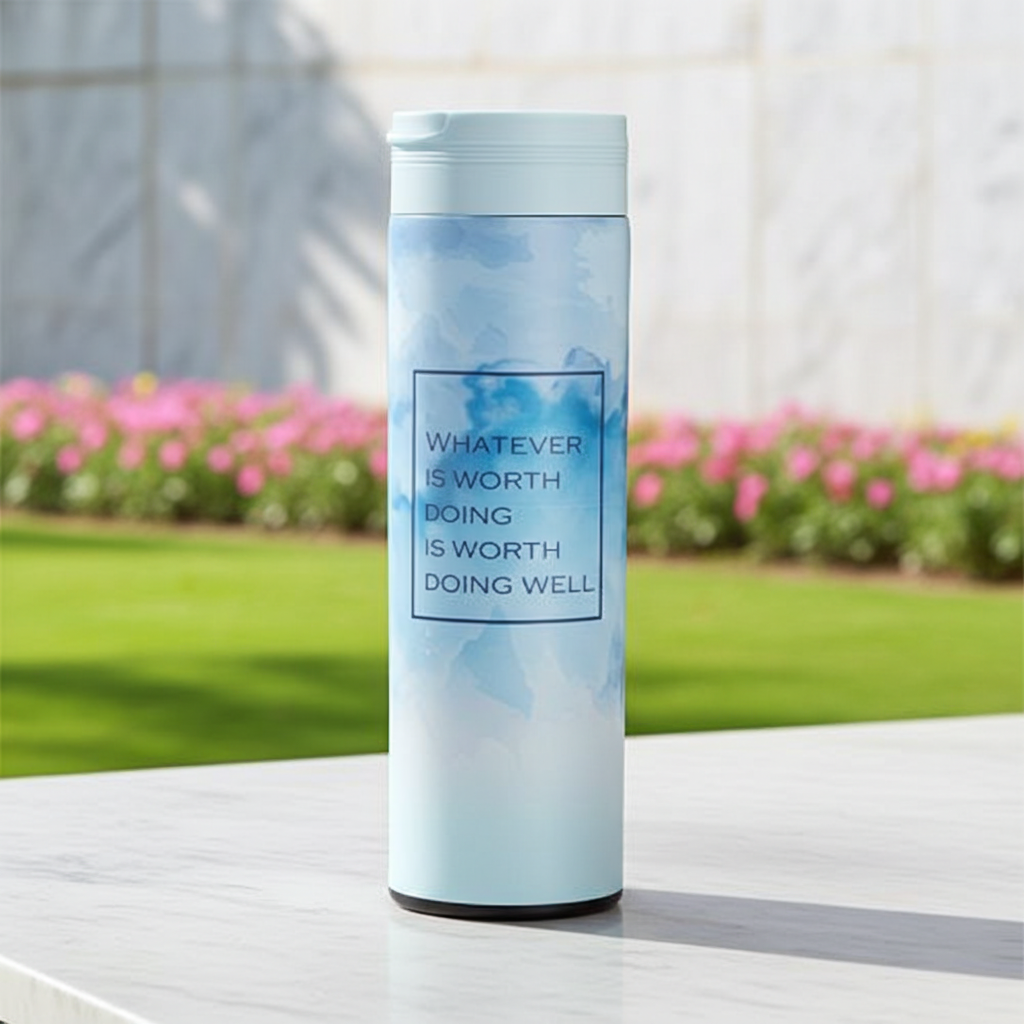 Daily Brew Stainless Steel Bottle with Tea Infuser on a marble surface with a garden in the background
