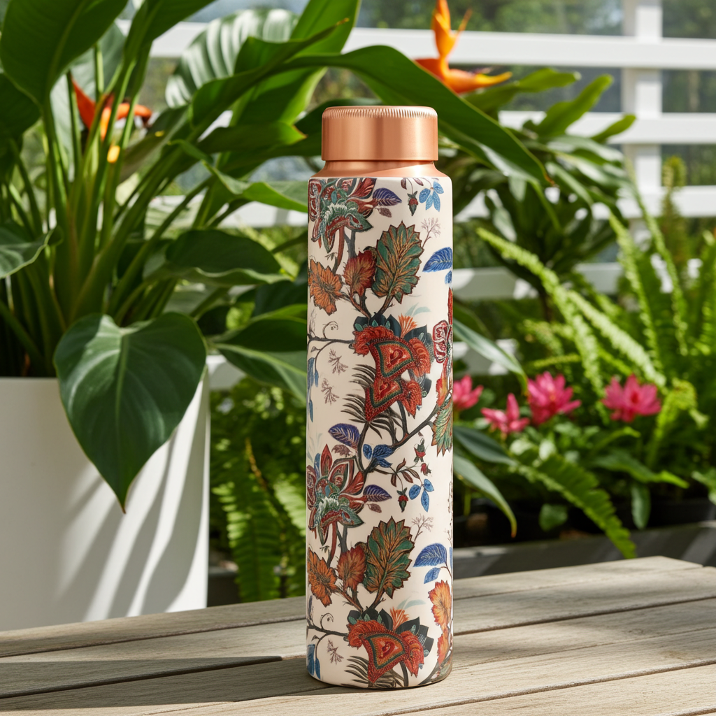 Copper Bottle with Mughal Floral Print on a wooden bench in a summer garden scene
