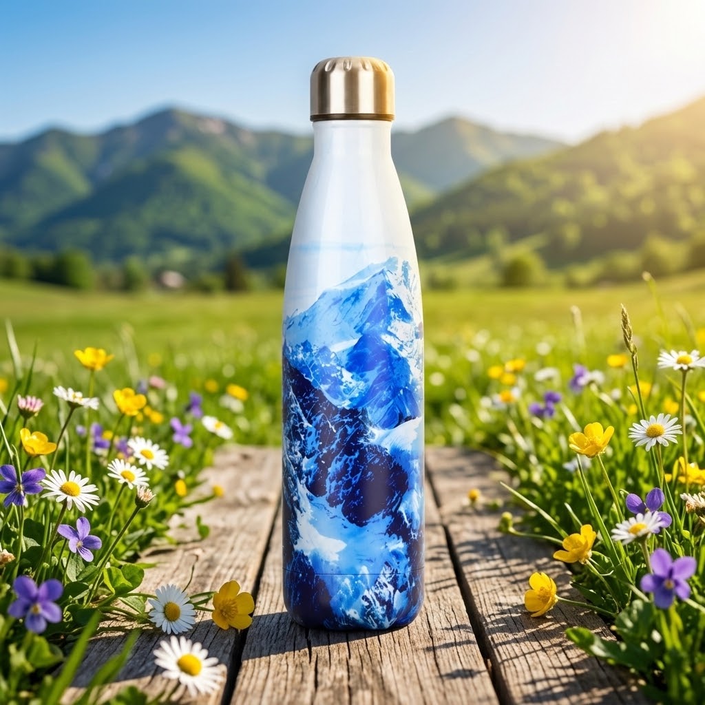 ColorPop Cola-Shaped Stainless Steel Bottle — 500ml on a wooden path with wildflowers