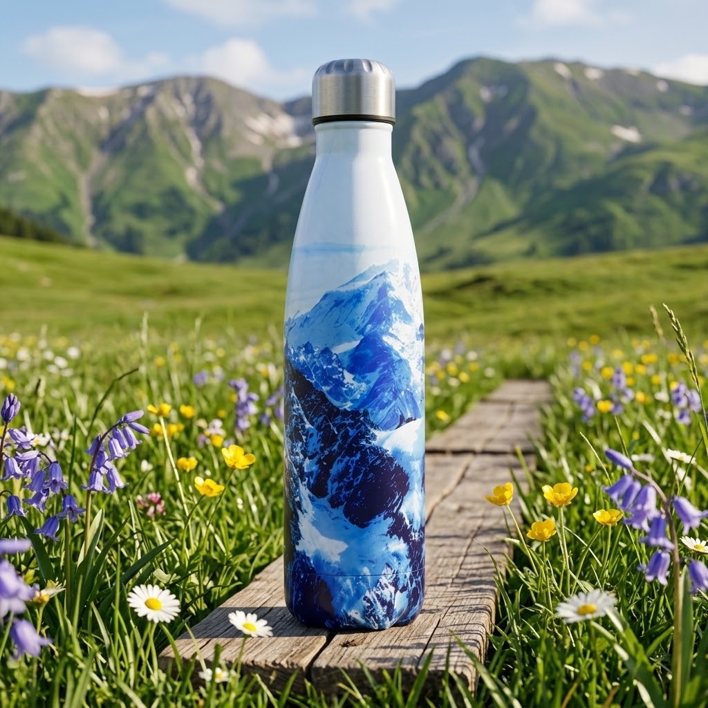 ColorPop Cola-Shaped Stainless Steel Bottle — 500ml on wooden planks in a field of flowers