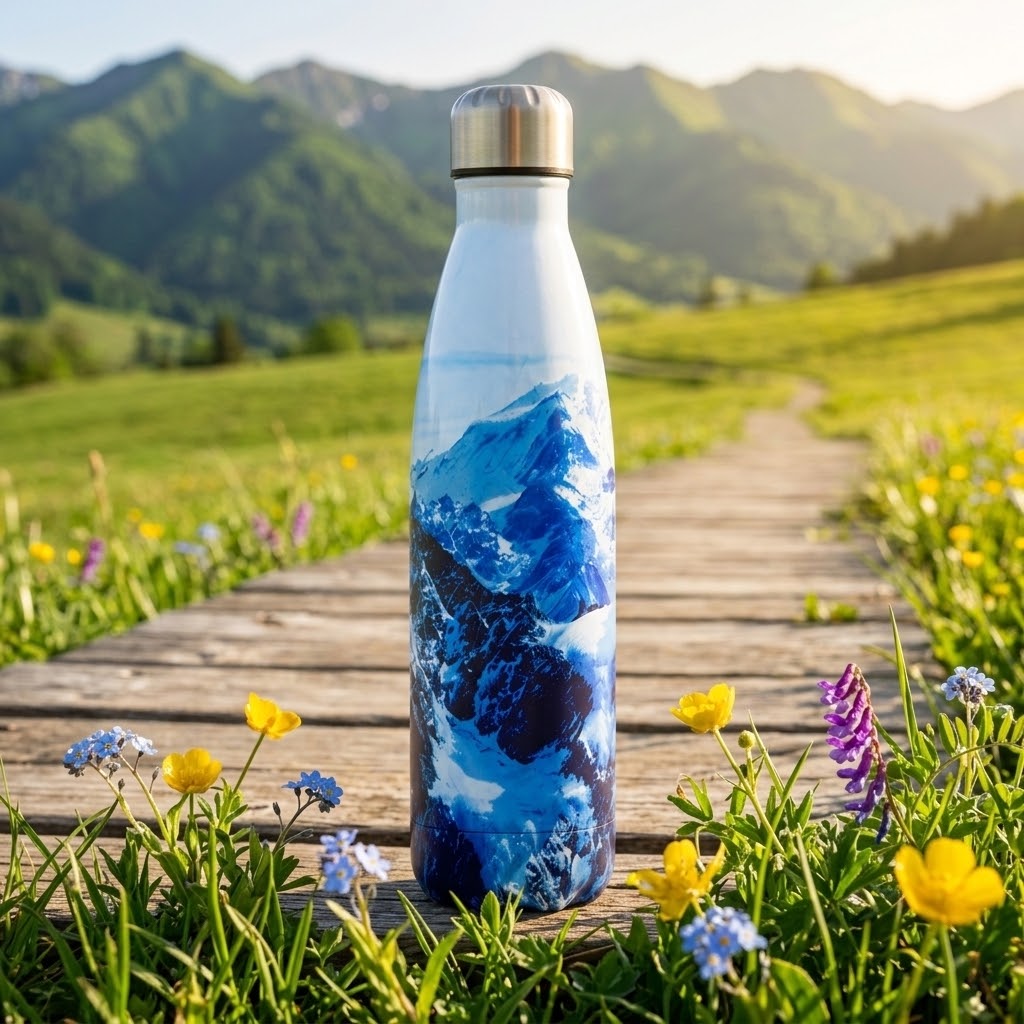 ColorPop Cola-Shaped Stainless Steel Bottle — 500ml with wildflowers in a spring valley