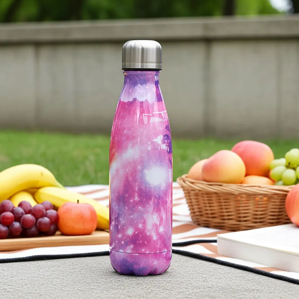304 Stainless Steel Multicolor Water Bottle Aurora variant at a picnic surrounded by fruits