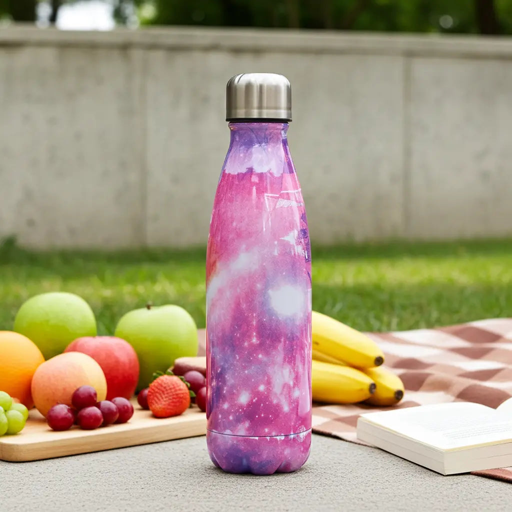 304 Stainless Steel Multicolor Water Bottle Aurora on a blanket next to fruits and a book