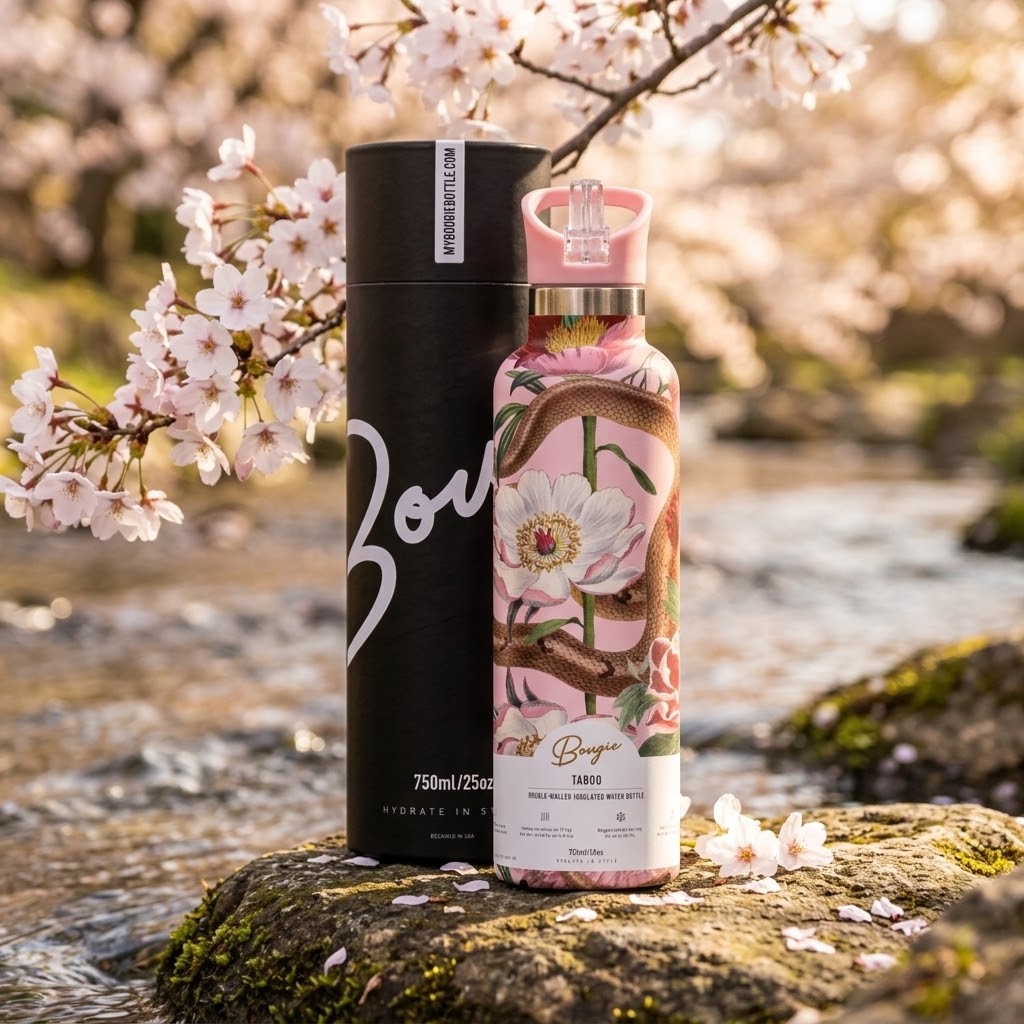 Taboo 25 oz Insulated Bottle | Victorian Serpent Floral on a rock with cherry blossoms