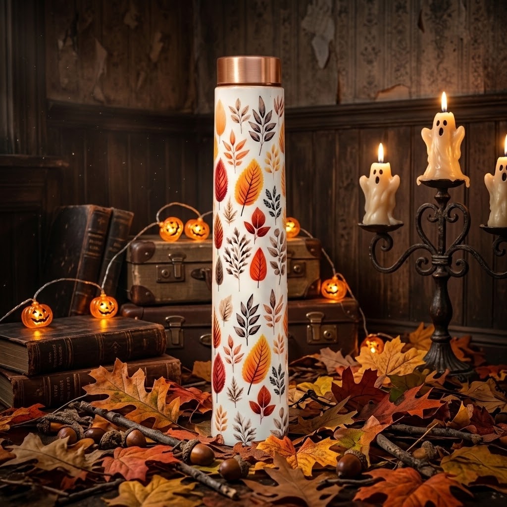Sowpeace Leaf Elixir Copper Bottle in an old house with Halloween decorations