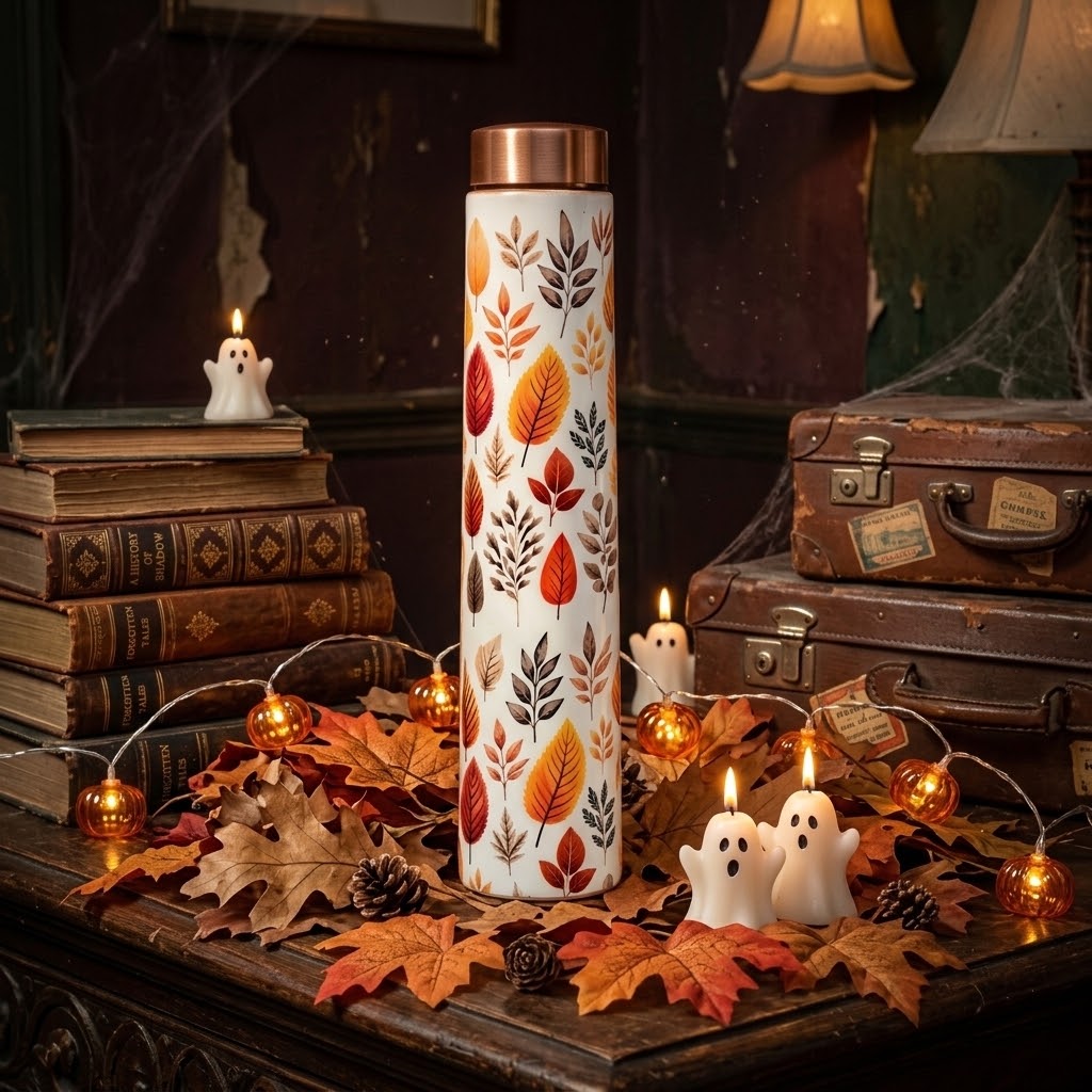 Sowpeace Leaf Elixir Copper Bottle with old suitcases and books in a Halloween scene