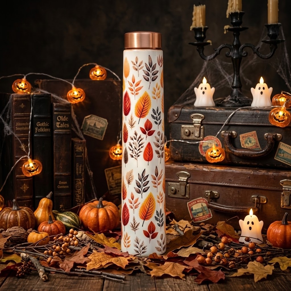 Sowpeace Leaf Elixir Copper Bottle in a Halloween themed setting