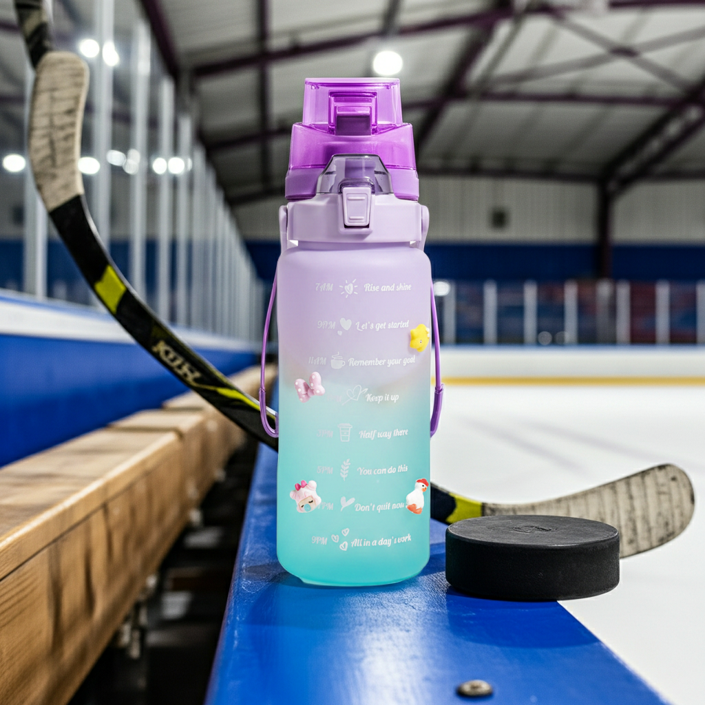 Aquatica HydroMark 2L Motivational Water Bottle — BPA-Free, Time-Marker Tracker, Straw Lid with a hockey puck and sticks 
