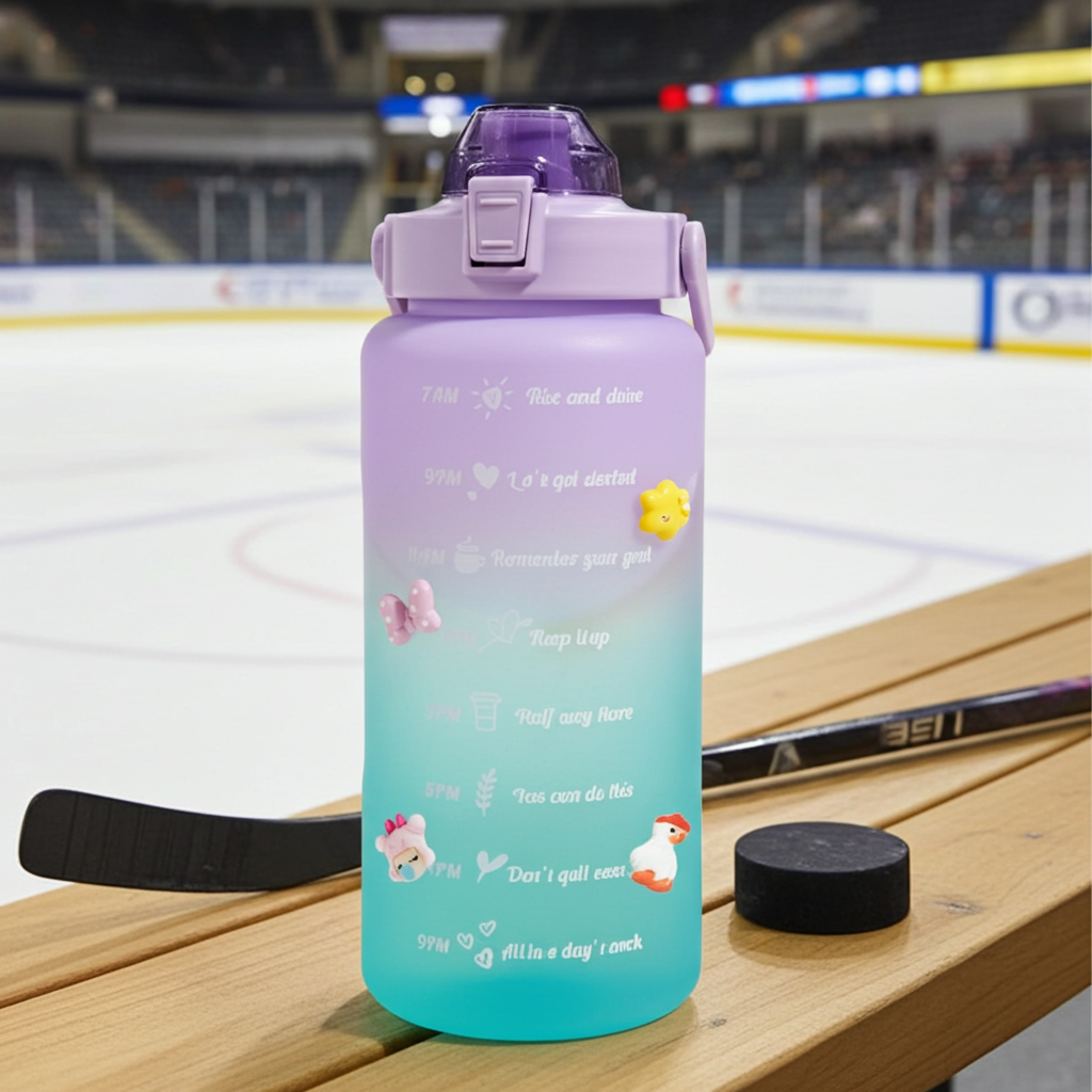 Aquatica HydroMark 2L Motivational Water Bottle — BPA-Free, Time-Marker Tracker, Straw Lid at an ice hockey arena 