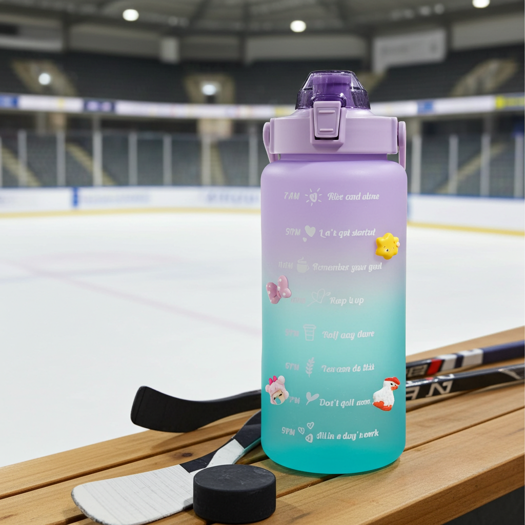 Aquatica HydroMark 2L Motivational Water Bottle — BPA-Free, Time-Marker Tracker, Straw Lid on a bench with hockey sticks and puck 