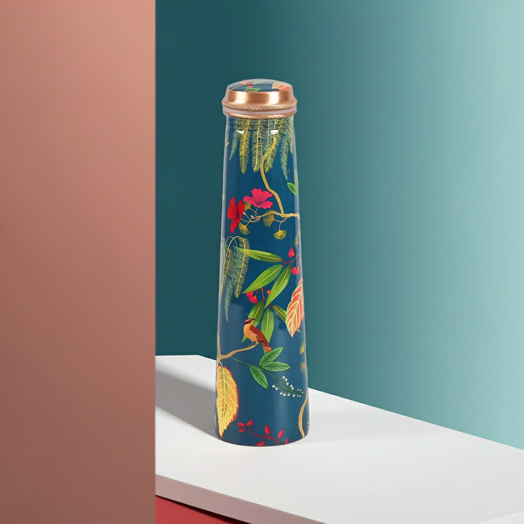 Fronds and Florets Tapered Copper Bottle 750 mL on a pastel background