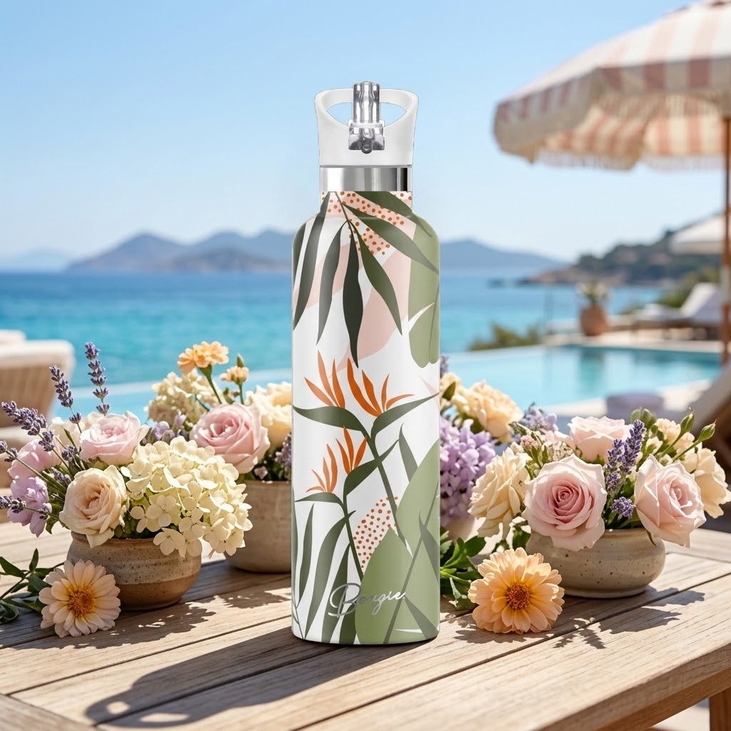 Malie 25 oz Insulated Bottle | Blue Hawaiian Floral with flowers at a swimming pool
