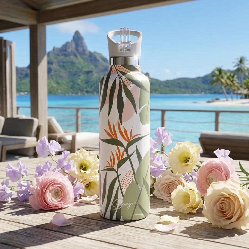 Malie 25 oz Insulated Bottle | Blue Hawaiian Floral with flowers at a tropical resort