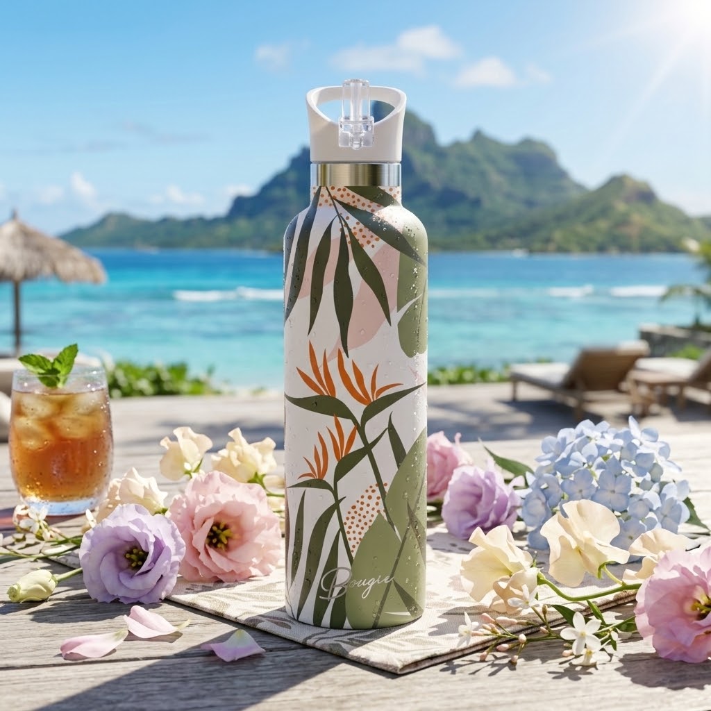 Malie 25 oz Insulated Bottle | Blue Hawaiian Floral with flowers and iced tea