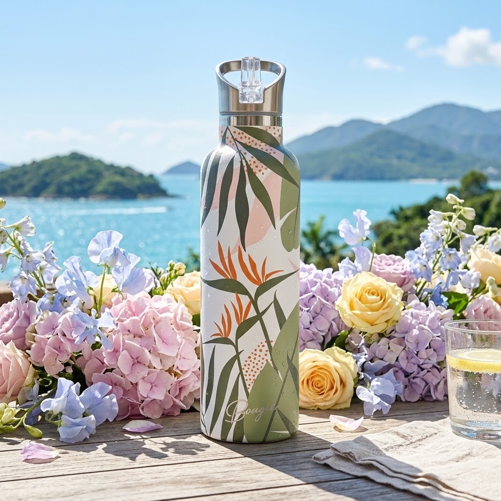 Malie 25 oz Insulated Bottle | Blue Hawaiian Floral with flowers and lemonade at a resort