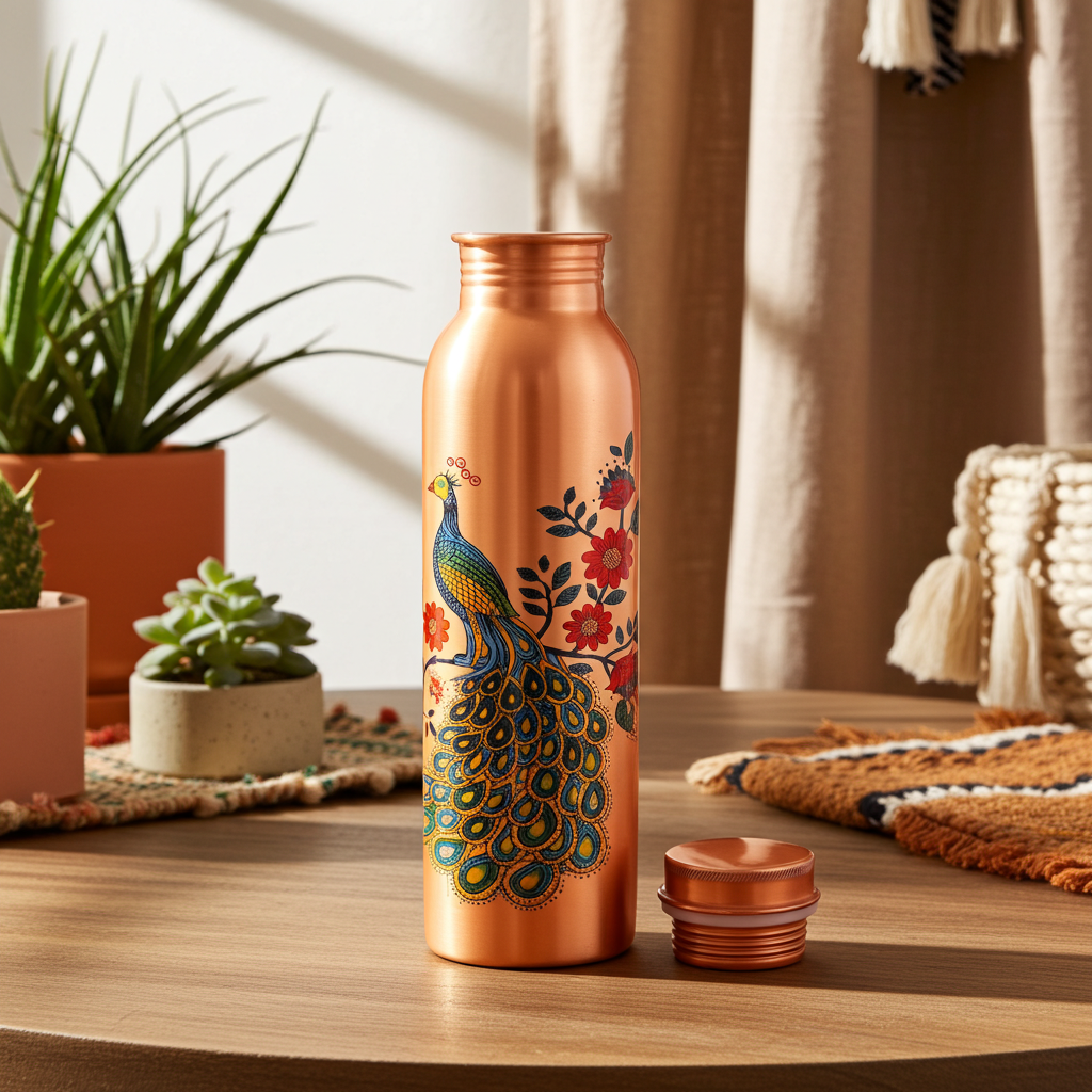 Copper Peacock Design Water Bottle in an earthy living room with blankets and houseplants