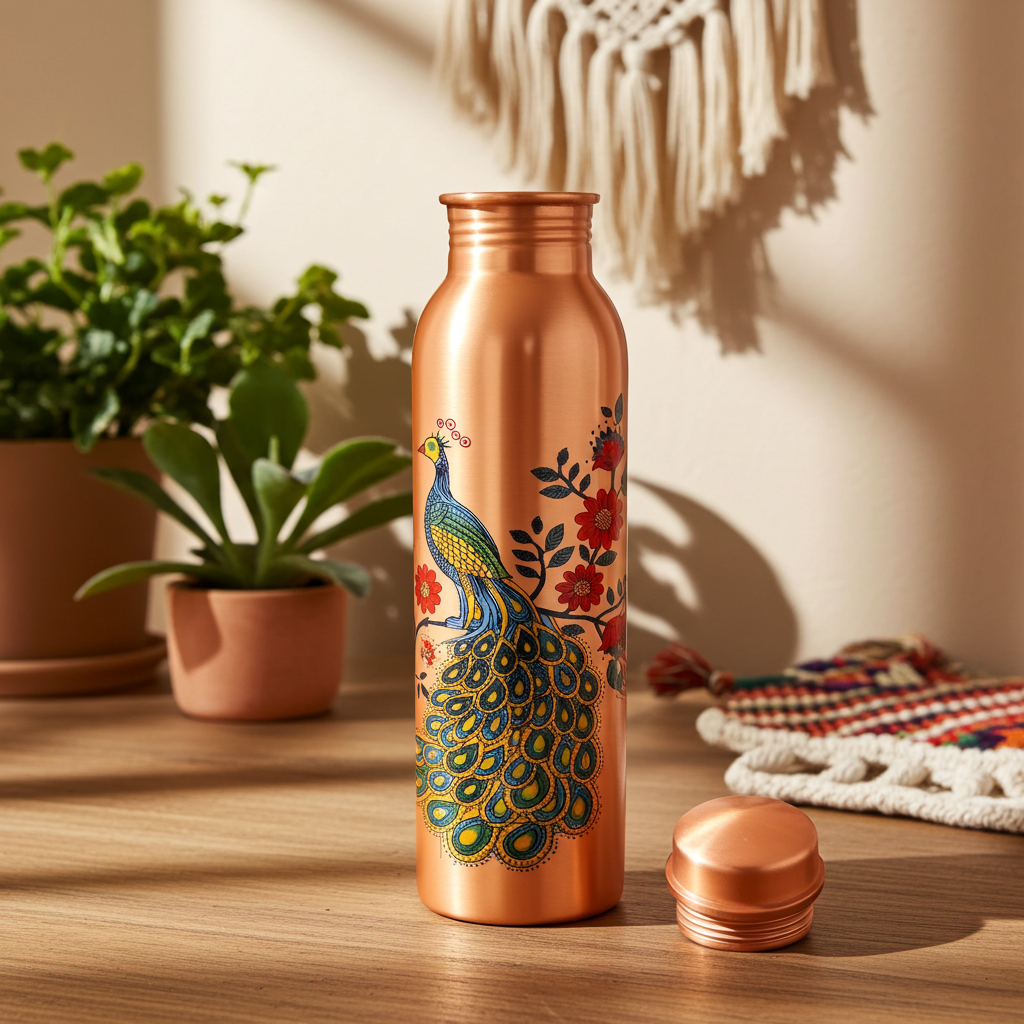 Copper Peacock Design Water Bottle in a cozy, earthy living space