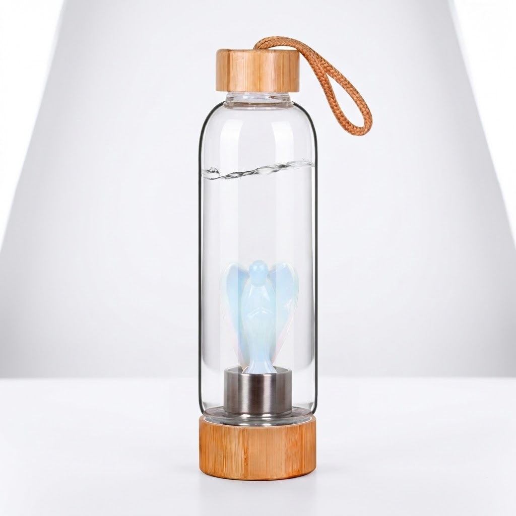 CrystalAura 550ml Gemstone Glass Water Bottle on a white studio backdrop
