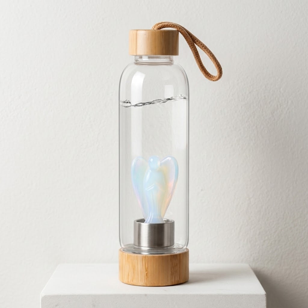 CrystalAura 550ml Gemstone Glass Water Bottle in a clean art gallery background