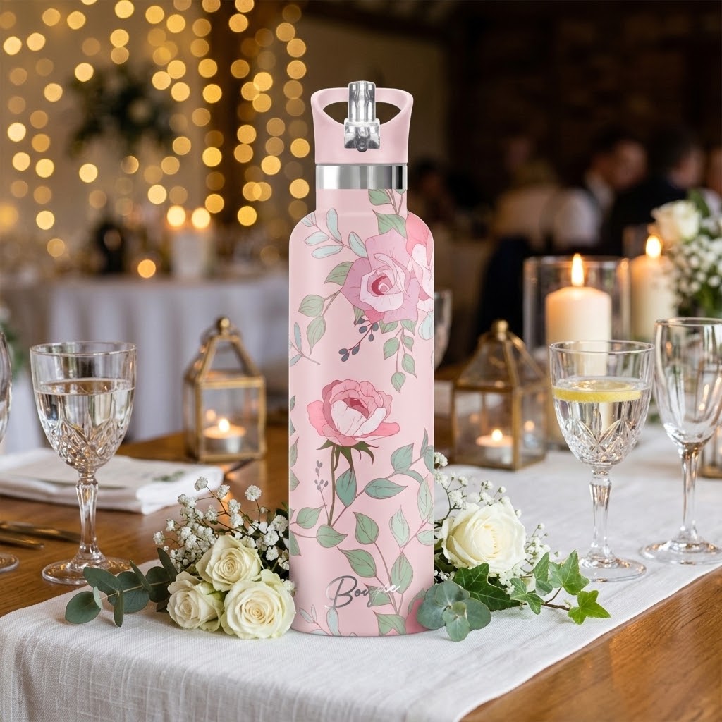 Blossom 25 oz Insulated Bottle | 3D Pink Rose at a wedding dinner