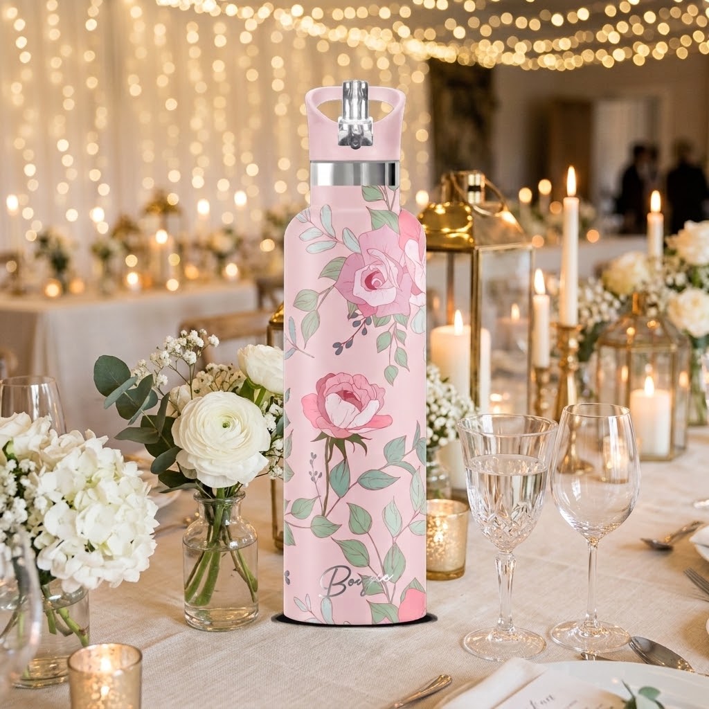 Blossom 25 oz Insulated Bottle | 3D Pink Rose on an ornate wedding dinner table
