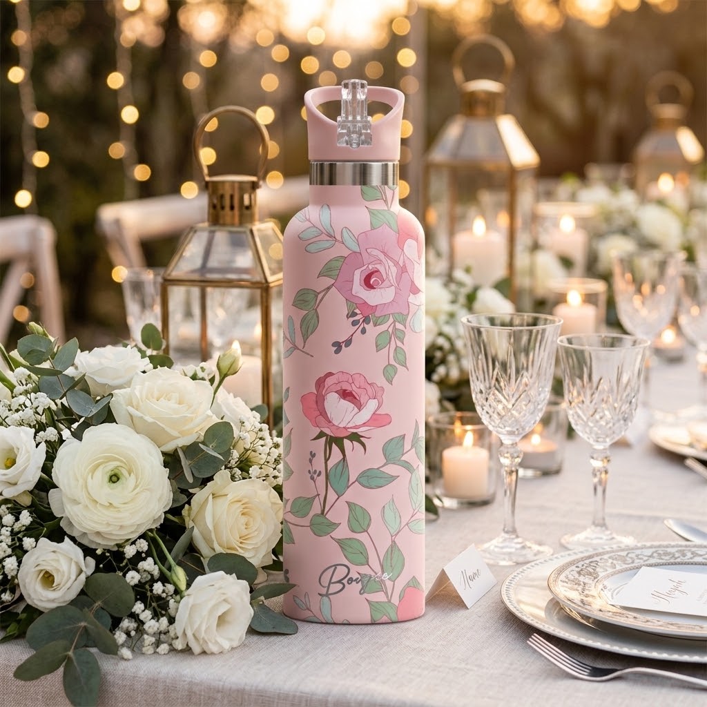 Blossom 25 oz Insulated Bottle | 3D Pink Rose with a bouquet of flowers and dinner plate