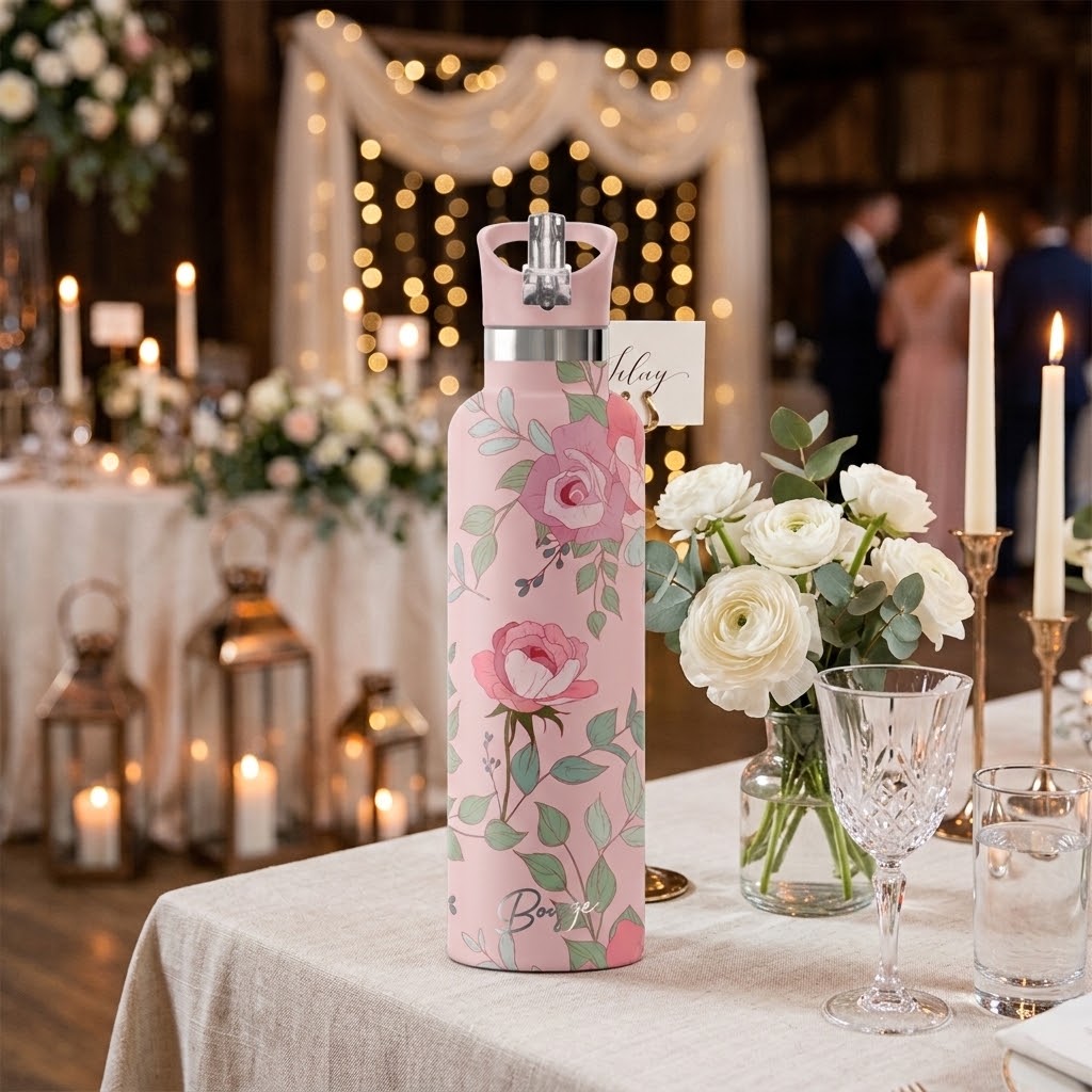 Blossom 25 oz Insulated Bottle | 3D Pink Rose with flowers and silverware at a wedding