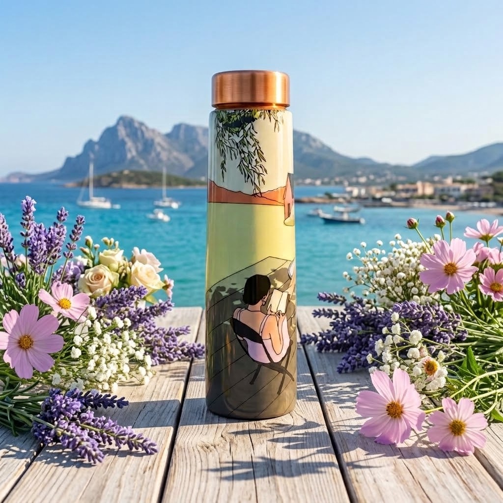 Sowpeace Serene Meadow Copper Bottle on a dock overlooking a bay