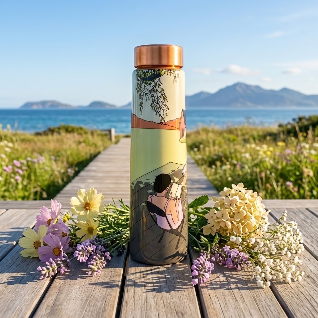 Sowpeace Serene Meadow Copper Bottle at the docks of a lake