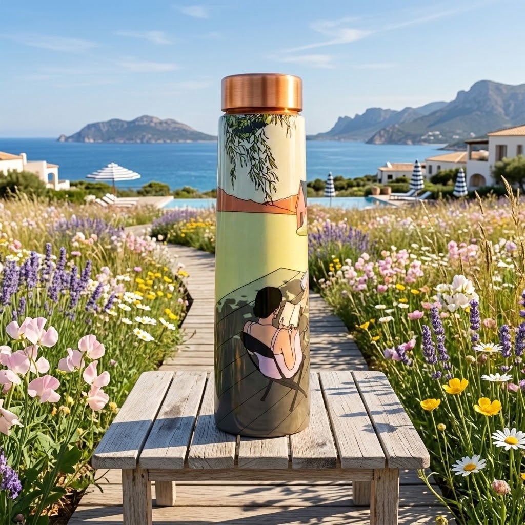 Sowpeace Serene Meadow Copper Bottle on a wooden stool at a summer resort scene