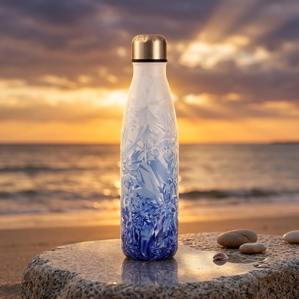 TempoSteel 500ml Insulated Water Bottle on a beach at sunset