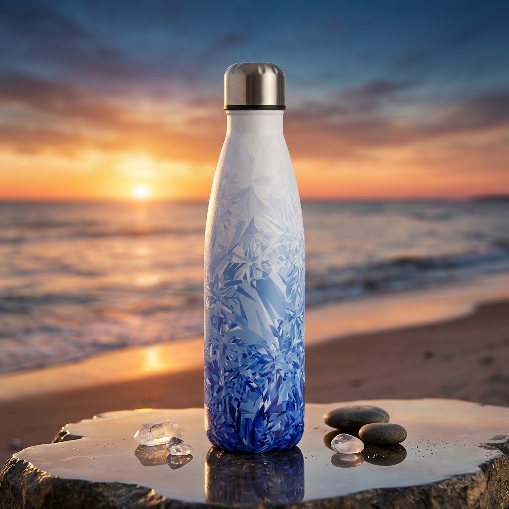 TempoSteel 500ml Insulated Water Bottle atop stone at a beach