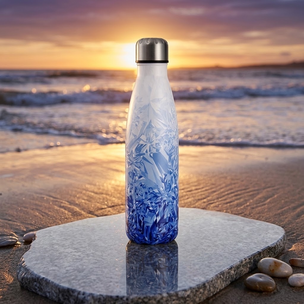 TempoSteel 500ml Insulated Water Bottle in ocean surf at dusk