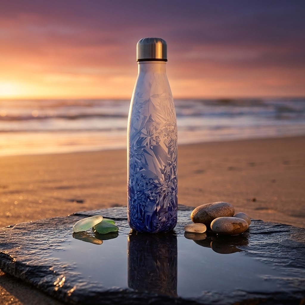 TempoSteel 500ml Insulated Water Bottle next to pebbles at the beach 