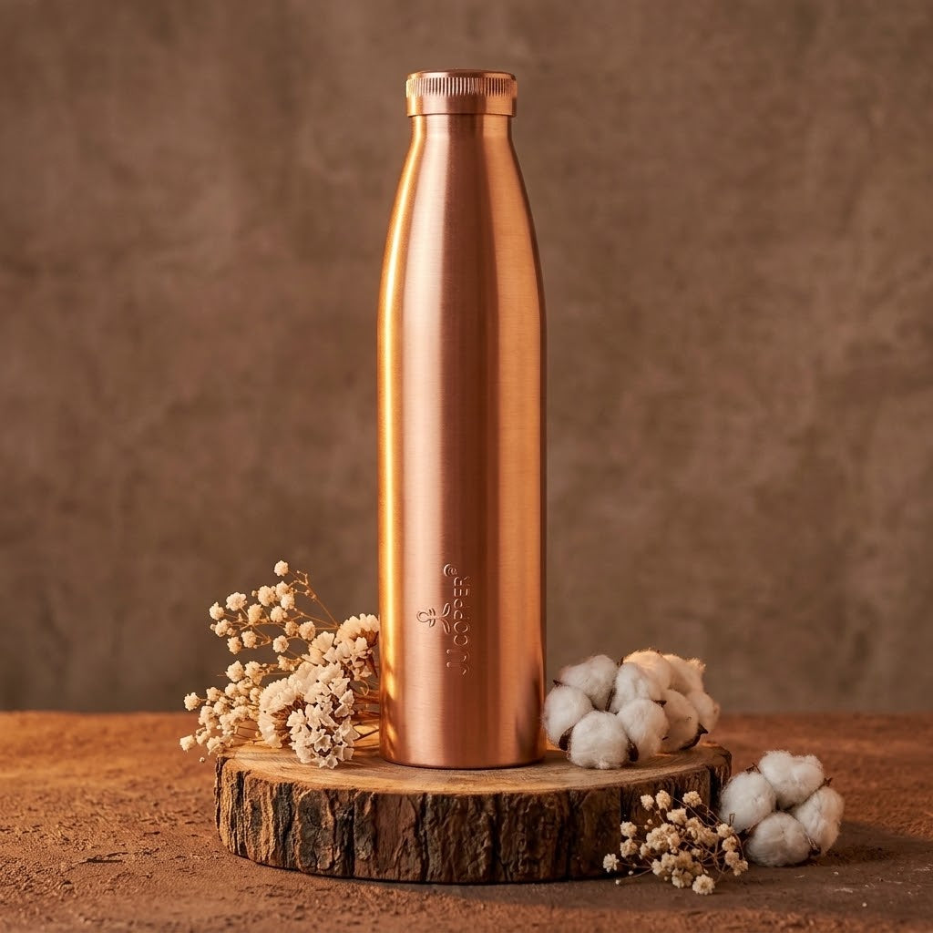 JJ Copper Water Bottle 1000ml on a wooden platform with cotton