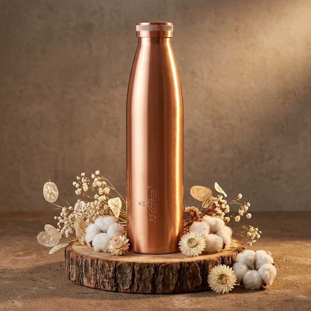 JJ Copper Water Bottle 1000ml in a fall themed setting
