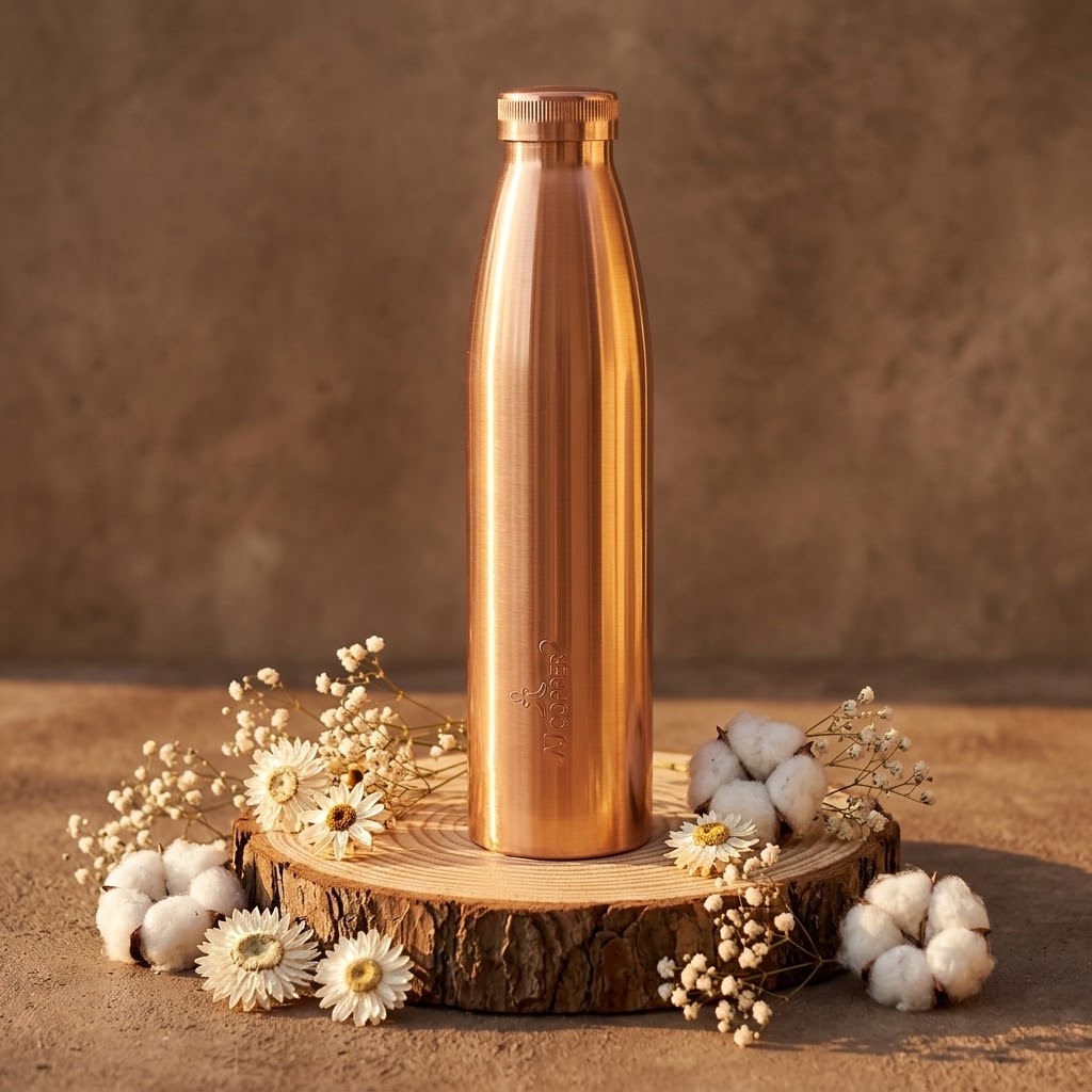 JJ Copper Water Bottle 1000ml with cotton on a wooden platform