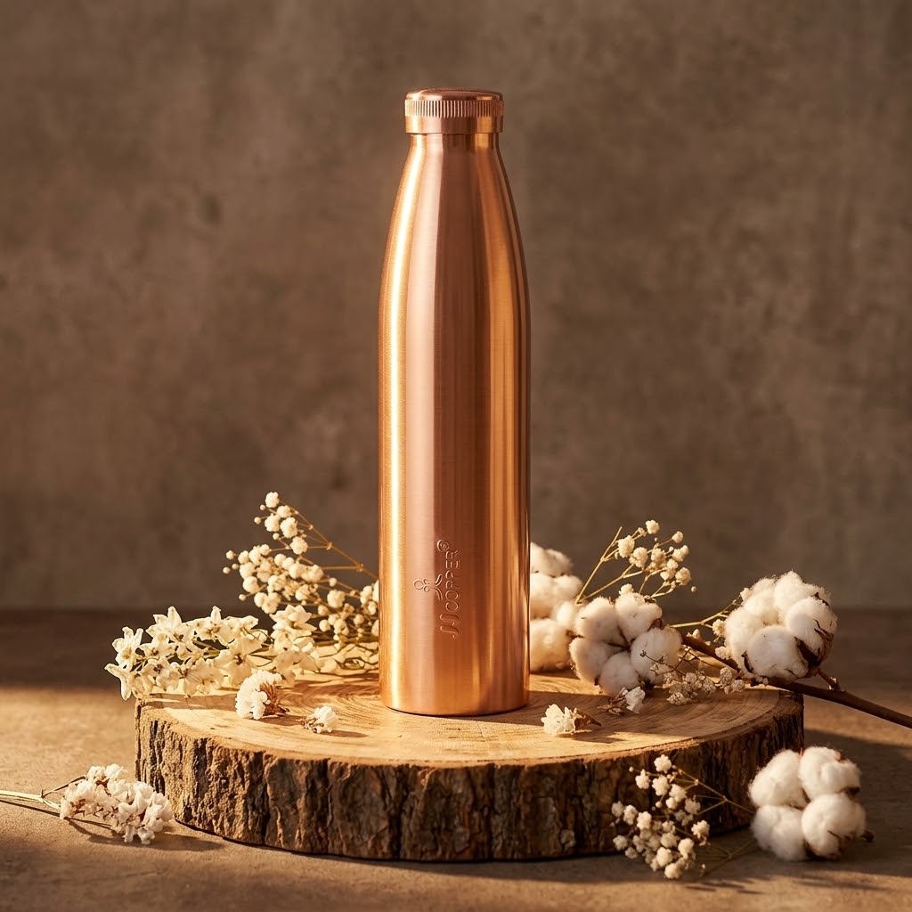 JJ Copper Water Bottle 1000ml in a rustic fall setting