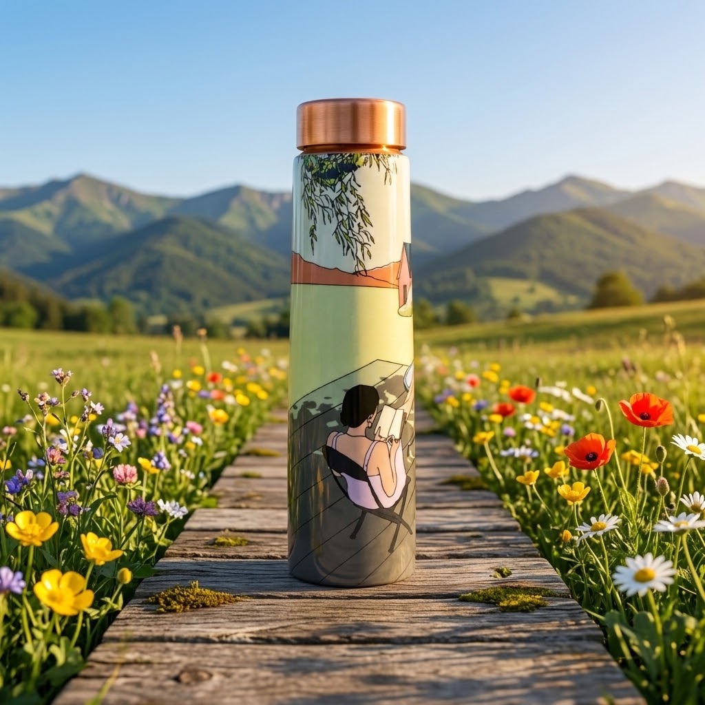 Sowpeace Serene Meadow Copper Bottle on a wooden walkway in a meadow
