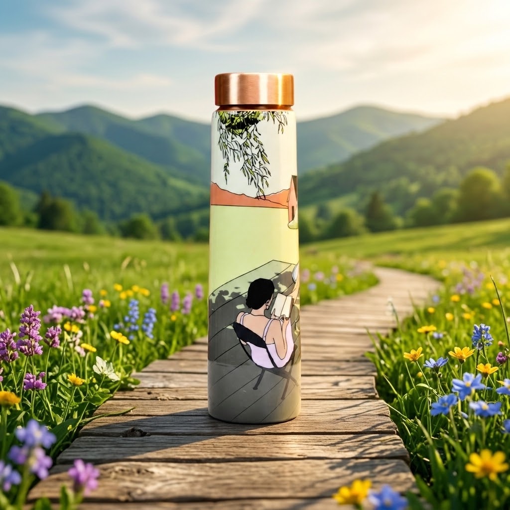 Sowpeace Serene Meadow Copper Bottle in a meadow filled with wildflowers