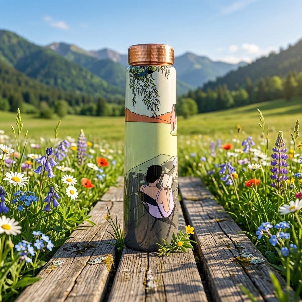 Sowpeace Serene Meadow Copper Bottle in a spring meadow scene